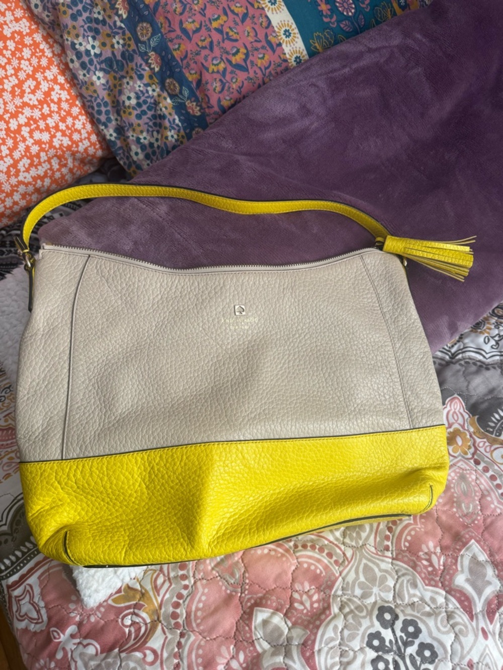 Kate Spade Two-Tone Yellow and Light Gray Leather Shoulder Bag